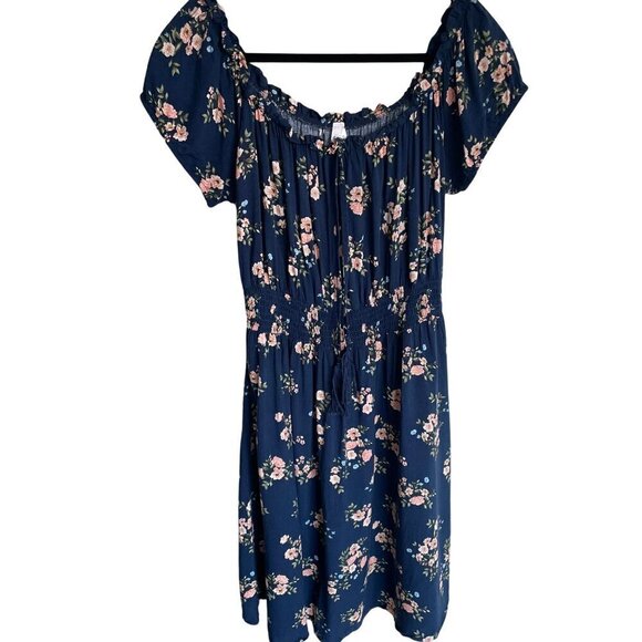 Guilty Fit Flare Off Shoulder 100% Rayon Smocked Blue Floral Dress Women's Large - Picture 1 of 16